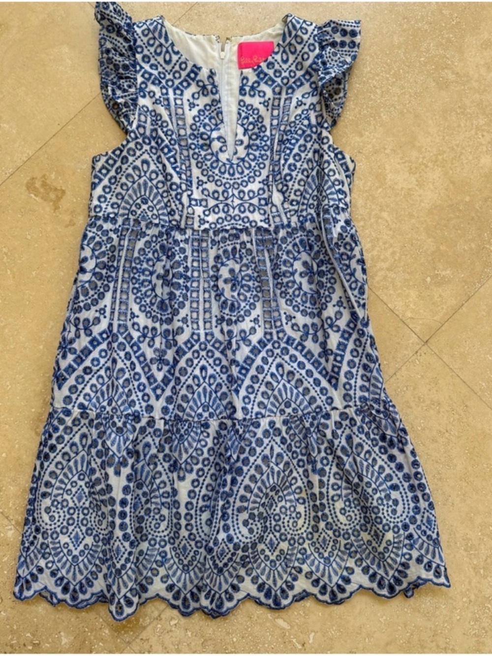 Lilly Pulitzer Blue & White Embroidered Flutter Sleeve Dress